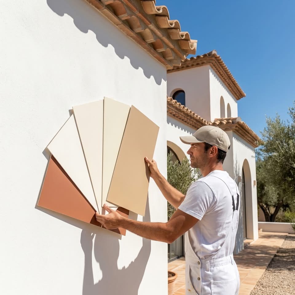 Painter comparing colour samples against a villa wall