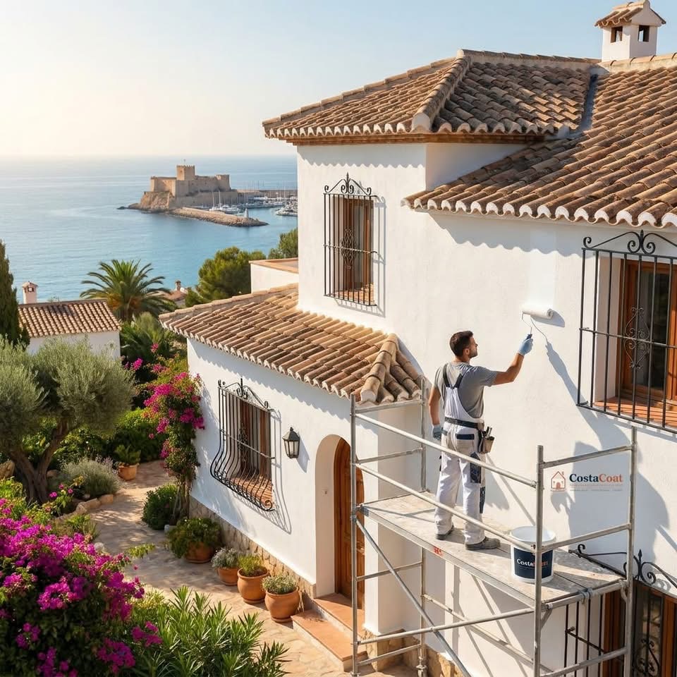 CostaCoat painter working on a coastal villa exterior